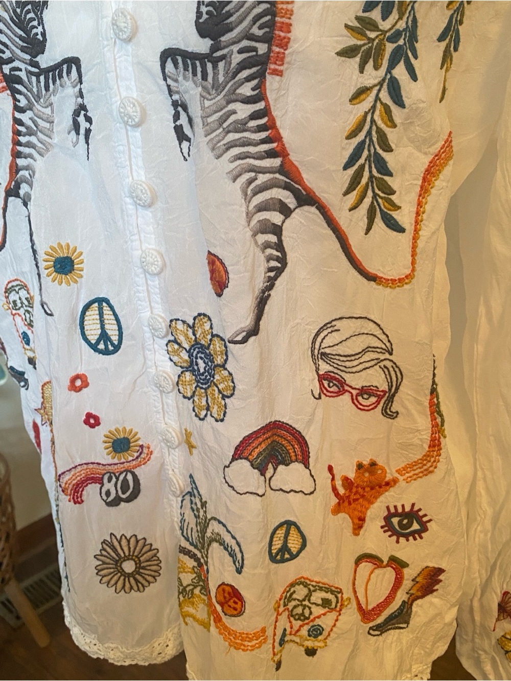 Johnny Was • Helen Embroidered Zebra Boho Button Front Top • White • Sz S - Picture 3 of 8